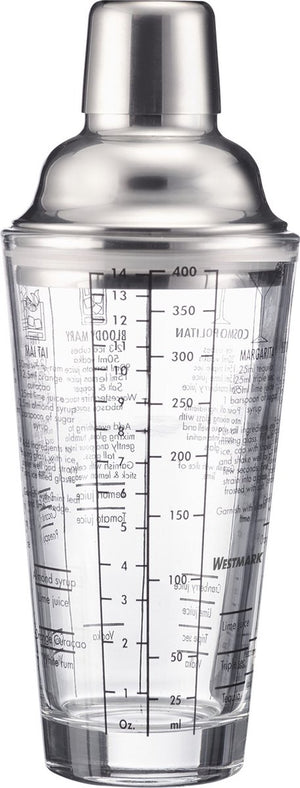Westmark cocktailshaker sam – shaker met schaalverdeling en zeefje, professionele cocktailmixer, bar accessoires, inclusief recepten – roestvrij staal, glas, 400ml