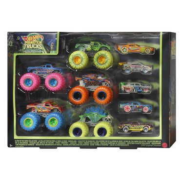 Hot wheels  monster trucks set met 10 speelgoedvoertuigen die licht geven in het donker