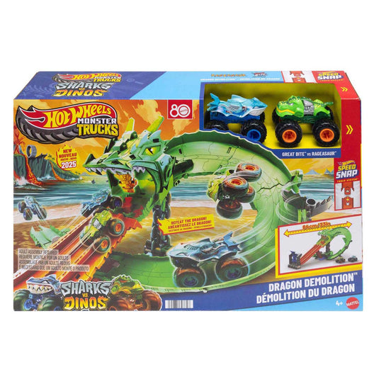 Hot wheels monstertrucks - haaien vs. dino's draak vernietiging speelset en 2 speelgoedtrucks