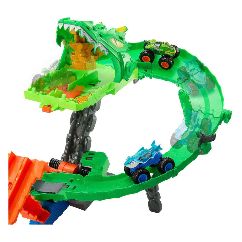 Load image into Gallery viewer, Hot wheels monstertrucks - haaien vs. dino's draak vernietiging speelset en 2 speelgoedtrucks
