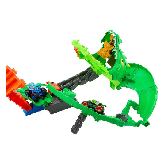 Hot wheels monstertrucks - haaien vs. dino's draak vernietiging speelset en 2 speelgoedtrucks