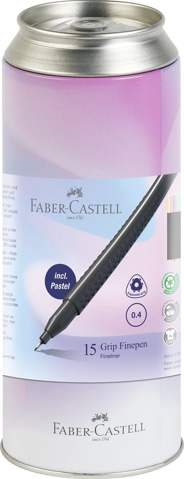 Faber-castell fineliner grip - 0,4mm - blik met 15 stuks assorti - fc-151617