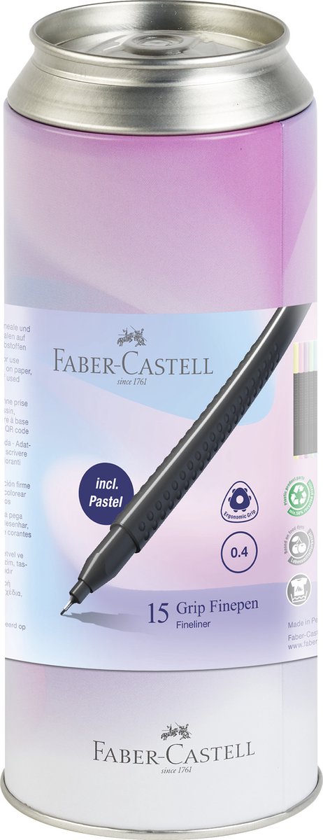 Faber-castell fineliner grip - 0,4mm - blik met 15 stuks assorti - fc-151617