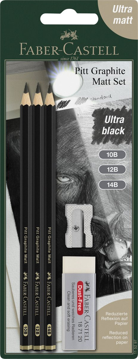 Faber-castell grafietpotlodenset - pitt mat - set 3 potloden 10b-12b-14b en toebehoren - fc-115297