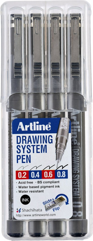 Artline drawing system - 1 x set van 4 fineliners - 0.2-0.4-0.6-0.8mm lijndiktes - zwart