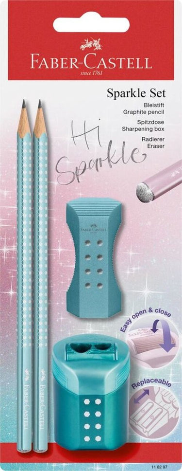 Faber-castell potloodset - sparkle cosmic - ocean metallic - 2x grafiet potloden, 1x gum, 1x slijper - fc-118297