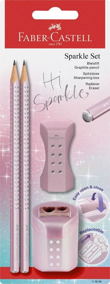 Faber-castell potloodset - sparkle cosmic - metallic roze - 2x grafiet potloden, 1x gum, 1x slijper - fc-118298