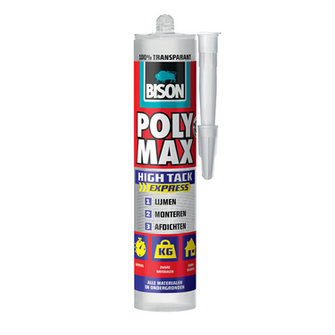 Bison poly max high tack express transparant koker 300 gram, montagelijm, lijmen, monteren en afdichten, unieke smp technologie, oplosmiddelvrij, binnen en buiten, vrijwel alle ondergronden