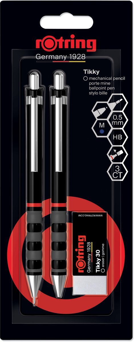 Rotring tikky vulpotlood-, balpen- en gomset | grafiet hb, 0,5 mm potlood | pen met medium punt | zwarte huls | lichtgewicht met rubberen grip