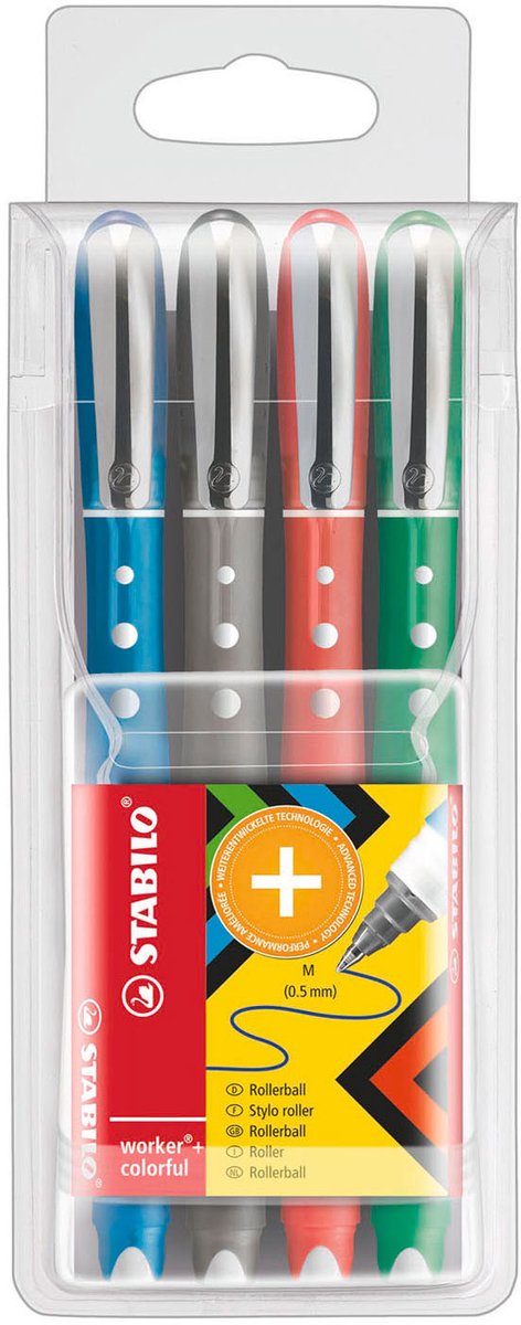 Load image into Gallery viewer, Stabilo worker+ colorful - rollerbal pen 0.5 mm - zwart, blauw, groen rood - etui met 4 kleuren
