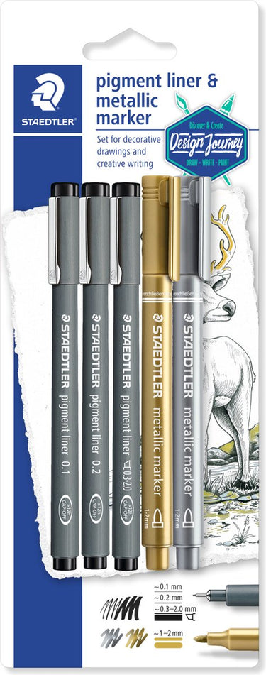 Staedtler design journey - pigment liner set 3 stuks + 2 metallic markers