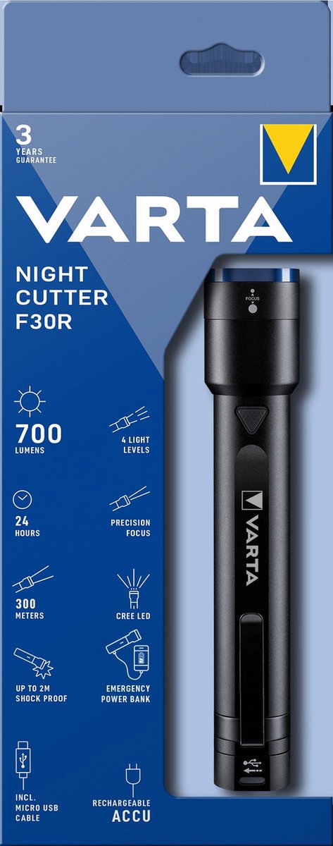 Varta night cutter f30r - led zaklamp en powerbank - spatwaterdicht - 18901
