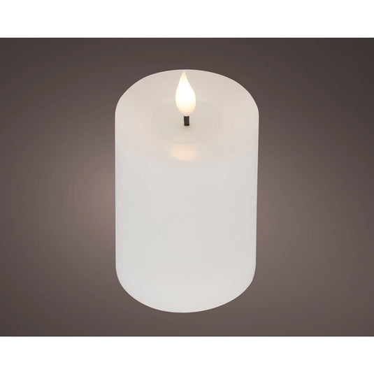 Lumineo realistische led kaars met wax pit en vlam effect ã˜7.5x13,5cm wit met 6uur timer werkt op batterij