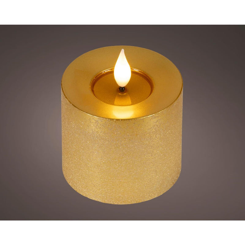 Load image into Gallery viewer, Lumineo realistische led kaars met wax pit en vlam effect ã˜7.5x9,5cm goud met 6uur timer werkt op batterij
