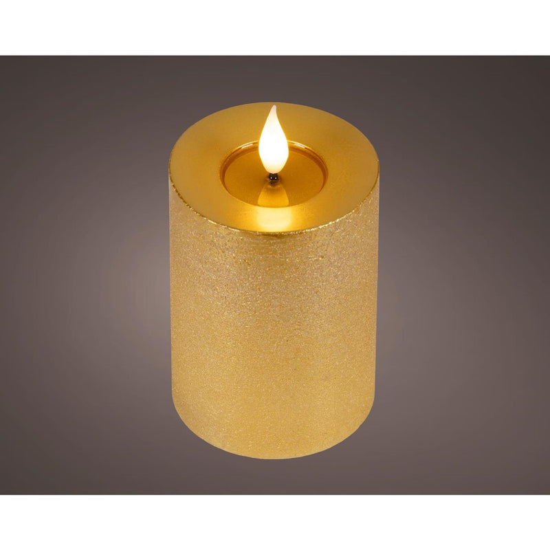 Load image into Gallery viewer, Lumineo realistische led kaars met wax pit en vlam effect ã˜7.5x13,5cm goud met 6uur timer werkt op batterij
