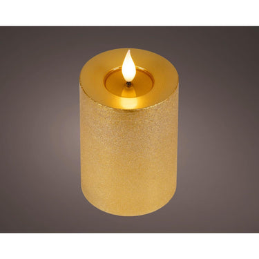 Lumineo realistische led kaars met wax pit en vlam effect ø7.5x13,5cm goud met 6uur timer werkt op batterij