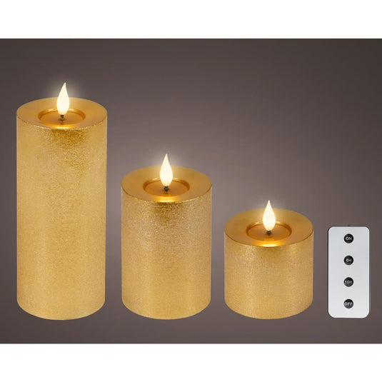 Lumineo 3-delig realistische led kaars met wax pit en vlam effect ø7.5 hoogte 9,5-13,5-20cm goud met timer werkt op afstandsbediening en batterij