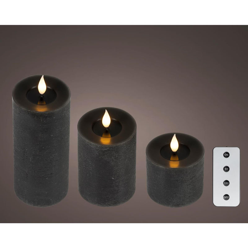 Load image into Gallery viewer, Lumineo 3-delig realistische led kaars met wax pit en vlam effect ã˜7.5 hoogte 9,5-13,5-20cm zwart met timer werkt op afstandsbediening en batterij
