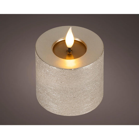 Lumineo realistische led kaars met wax pit en vlam effect ã˜7.5x9,5cm licht grijs met 6uur timer werkt op batterij