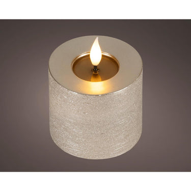 Lumineo realistische led kaars met wax pit en vlam effect ø7.5x9,5cm licht grijs met 6uur timer werkt op batterij