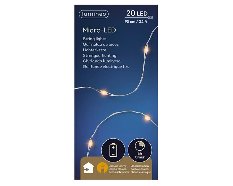 Afbeelding laden in galerijviewer, Lumineo micro led streng zilver klassiek warm 95cm-20l op batterij met timer
