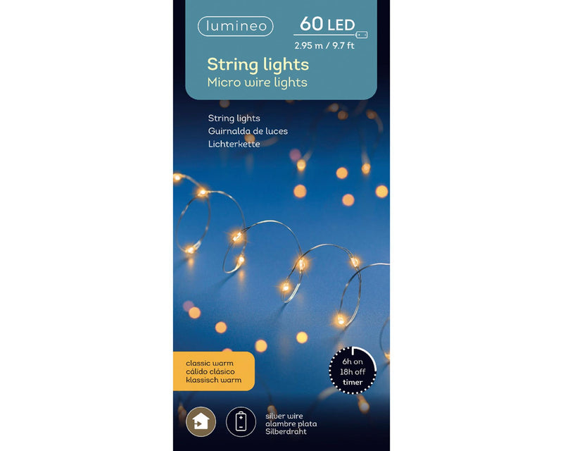 Afbeelding laden in galerijviewer, Lumineo micro led stringlights 60 lamps classic warmwit op batterij met timer 295cm
