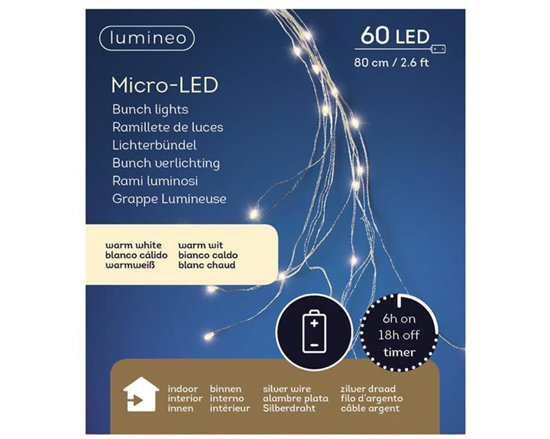 Load image into Gallery viewer, Lumineo micro led draadverlichting cascade 80cm-60l 10 draaden met 6 lamps zilver warm wit op batterij met timer
