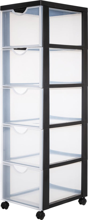 Iris easygrip chest ladekast - 5 lades x 15l - kunststof - zwart transparant - met wieltjes