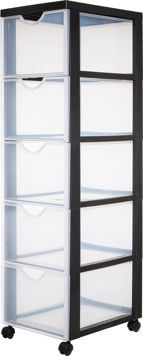 Iris easygrip chest ladekast - 5 lades x 15l - kunststof - zwart transparant - met wieltjes