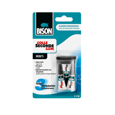 Bison secondelijm vloeibaar mini's 3 x 1g, sterke secondelijm, speciale min verpakking, vaatwasser bestendig, water resistent, voor iedere reparatie in en om het huis