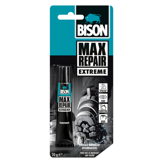 Bison max repair power 20 gram- extra krachtige en flexibele reparatielijm, transparant, ideaal voor schoenen, rubber, leer, 1001 reparaties, 20 gram tube