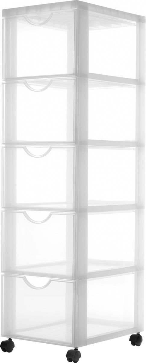 Iris easygrip chest ladekast- 5 lades x 15l - kunststof - wit transparant - met wieltjes