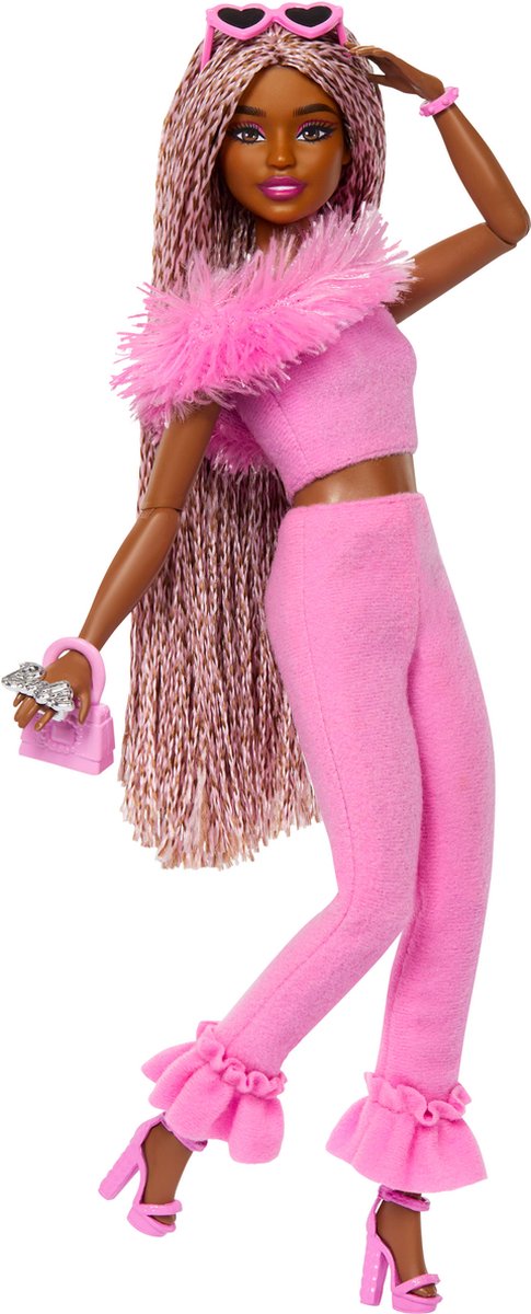 Barbie deluxe stijl - zachtroze set met namaakbont - pop