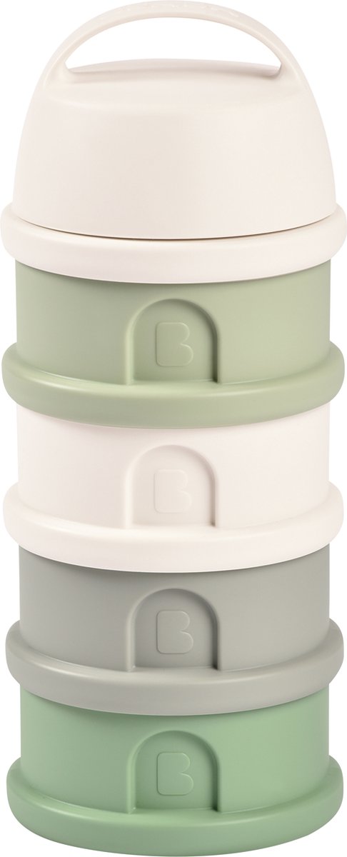 Béaba melktoren - baby melkpoeder doseerdoosjes - 4 laagse melkpoeder toren - babyvoeding bewaarbakjes - bpa vrije poedertoren - cotton sage green