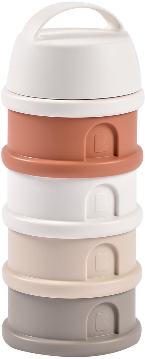 Béaba melktoren - baby melkpoeder doseerdoosjes - 4 laagse melkpoeder toren - babyvoeding bewaarbakjes - bpa vrije poedertoren - terracotta grijs