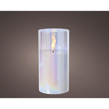 Lumineo ked kaars in glas voor binnen met vlamefect en timer dia.7,5x15cm iriserend