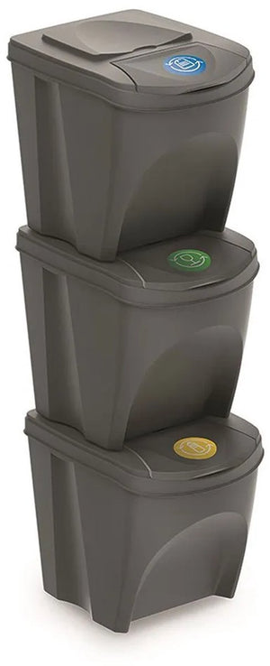 Prosperplast set van 3x kunststof afvalscheidingsbakken grijs van 25 liter - scheidingsprullenbakken