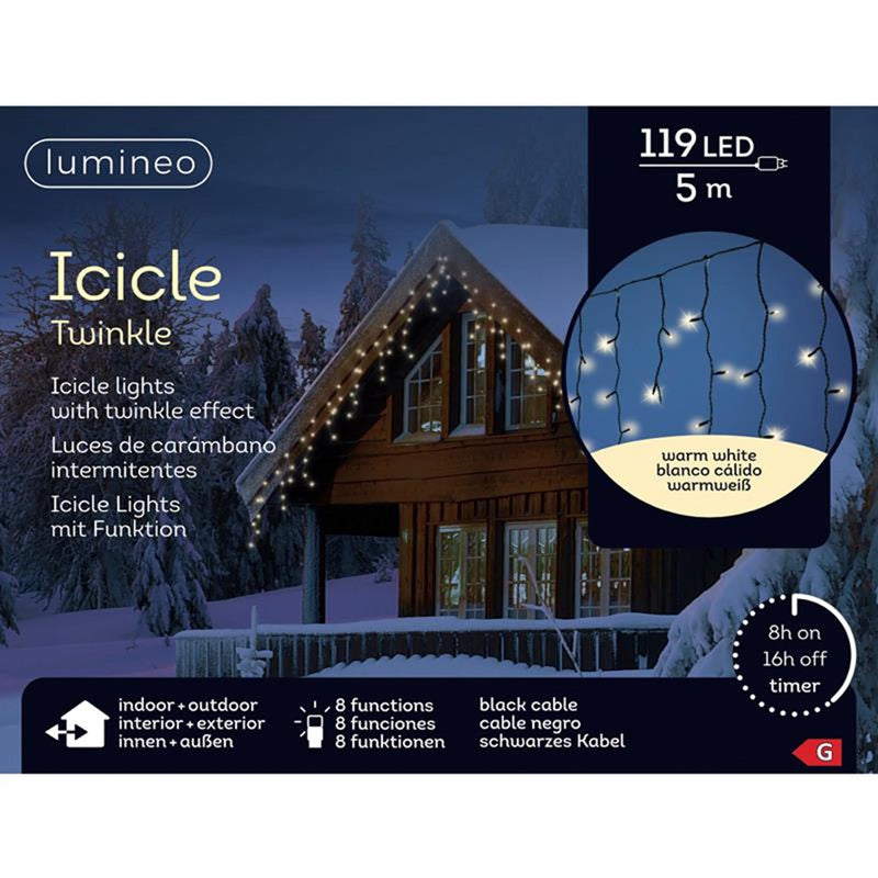 Afbeelding laden in galerijviewer, Lumineo icicle led verlichting 5m- 119led warmwit met 8-uurs timer en dimfunctie voor binnen en buiten
