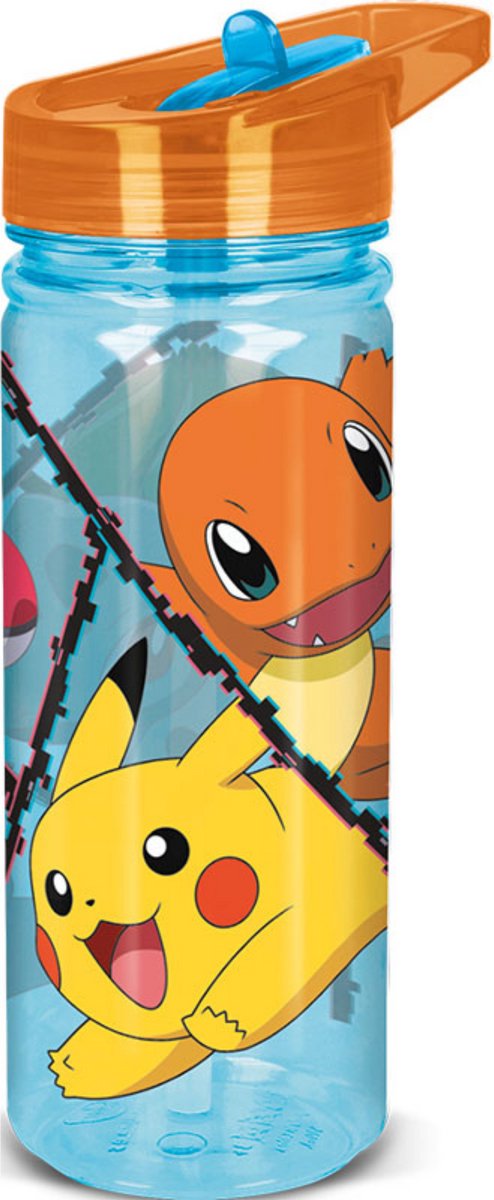 Stor pokémon tritan drinkfles power group - 580 ml – vaatwasserbestendig bpa-vrij - drinkfles voor kinderen – transparant blauw oranje