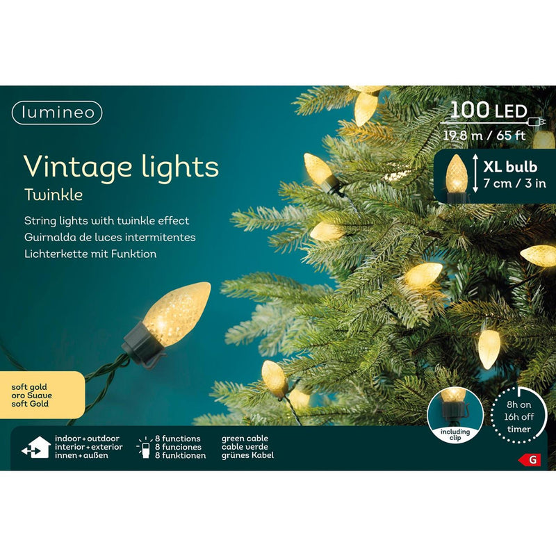Load image into Gallery viewer, Lumineo led vintage kerstboom verlichtng 8 functie twinkel effect 100led 1980cm groen soft gold
