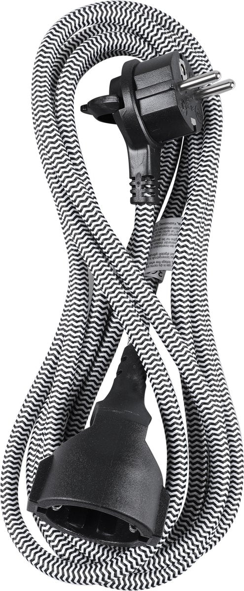 Q-link verlengsnoer - platte stekker - randaarde - 3 x 1.5 mmâ² - 3 meter - textiel - zwart - wit