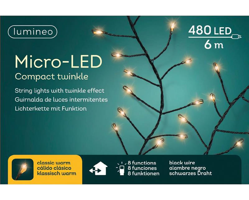 Load image into Gallery viewer, Lumineo micro led compact met lights 480l-6m, 8 functie twinkel effect klassiek warm

