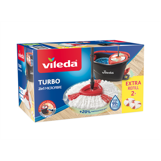 Vileda turbo mopset + 2 vervangende koppen - pedaalsysteem met 2 vervangingen - microvezelmop 2in1