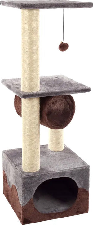 Flamingo krabpaal – kangri 5 grijs bruin – 35 × 35 × 102 cm – sisal krabpaal – met tunnel, huisje ligplateaus – voor katten