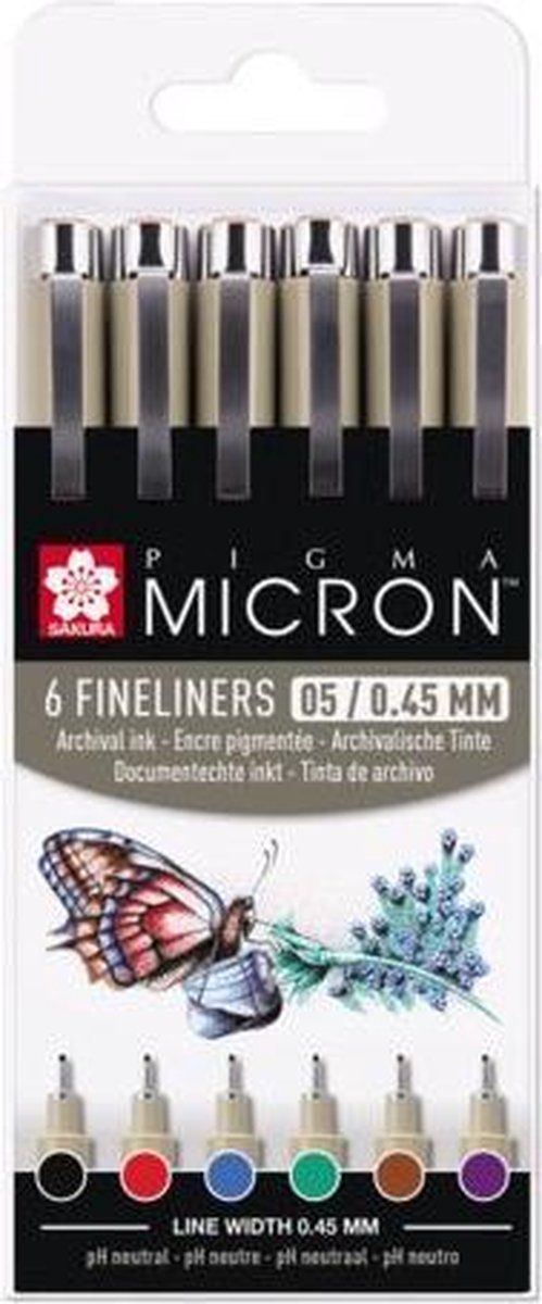 Sakura pigma micron 05 etui met 6 basic kleuren