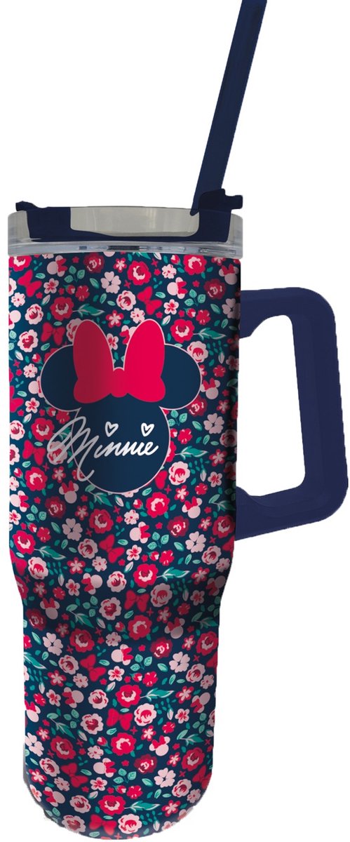 Stor minnie mouse xxl rvs rambler mug – geïsoleerde drinkbeker 1l – met handvat en rietje – dubbelwandig – lekvrij – disney