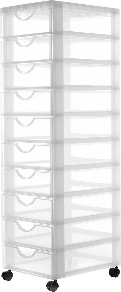 Iris easygrip chest ladekast - 10 lades x 7,5l - kunststof - wit transparant - met wieltjes