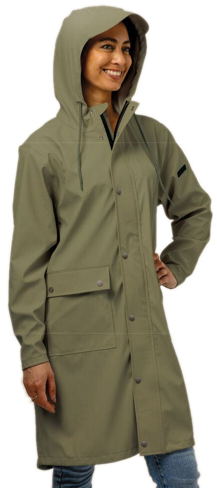 Load image into Gallery viewer, Mirage regenjas rainfall trenchcoat - maat s - gemaakt van polyester soft touch - olive green
