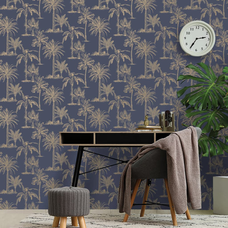 Load image into Gallery viewer, Dutch wallcoverings behang tropical trees marineblauw en zilverkleurig
