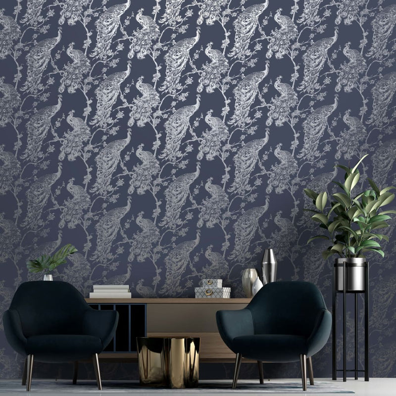 Load image into Gallery viewer, DUTCH WALLCOVERINGS DUTCH WALLCOVERINGS Behang Peacock marineblauw en zilverkleurig
